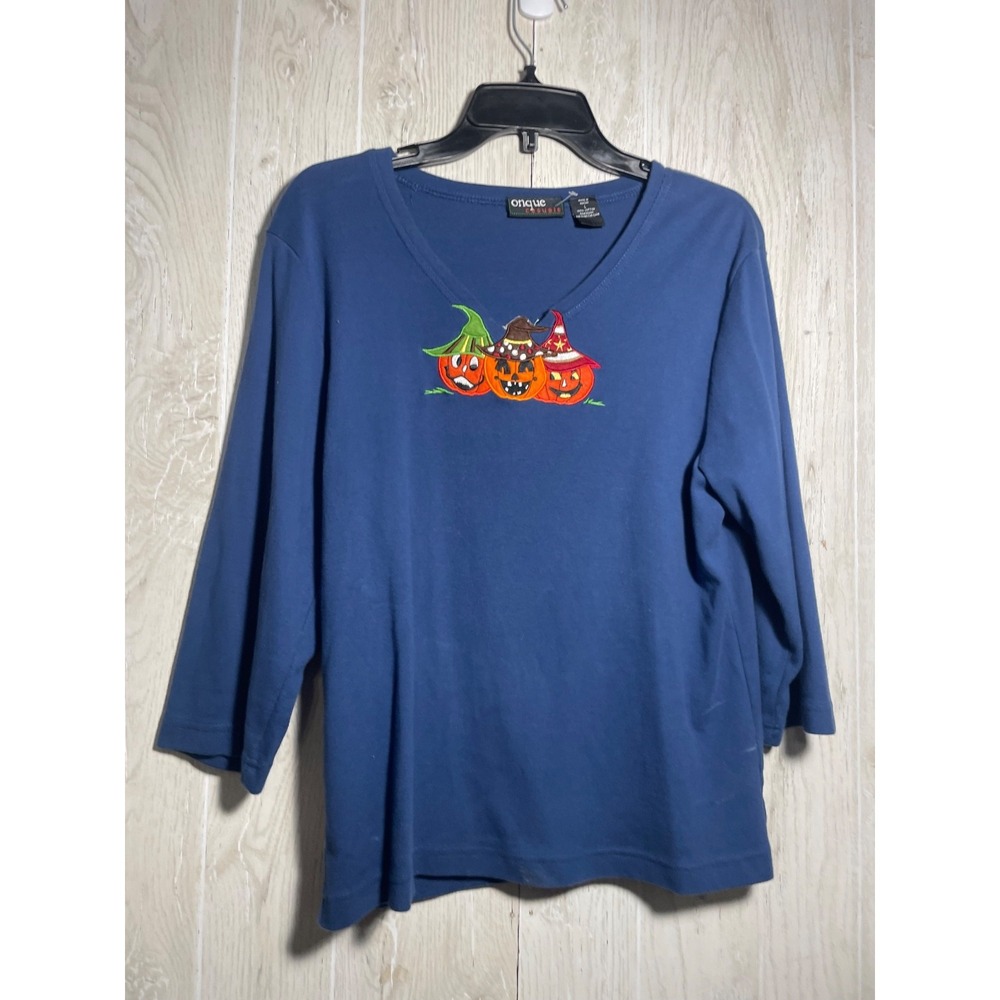 Halloween Fall Pumpkin blue Long Sleeve Cotton Embroidered Top Women's Size larg